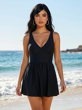 Beach Belle Black One-Piece Swimdress Padded V Neck Size 24